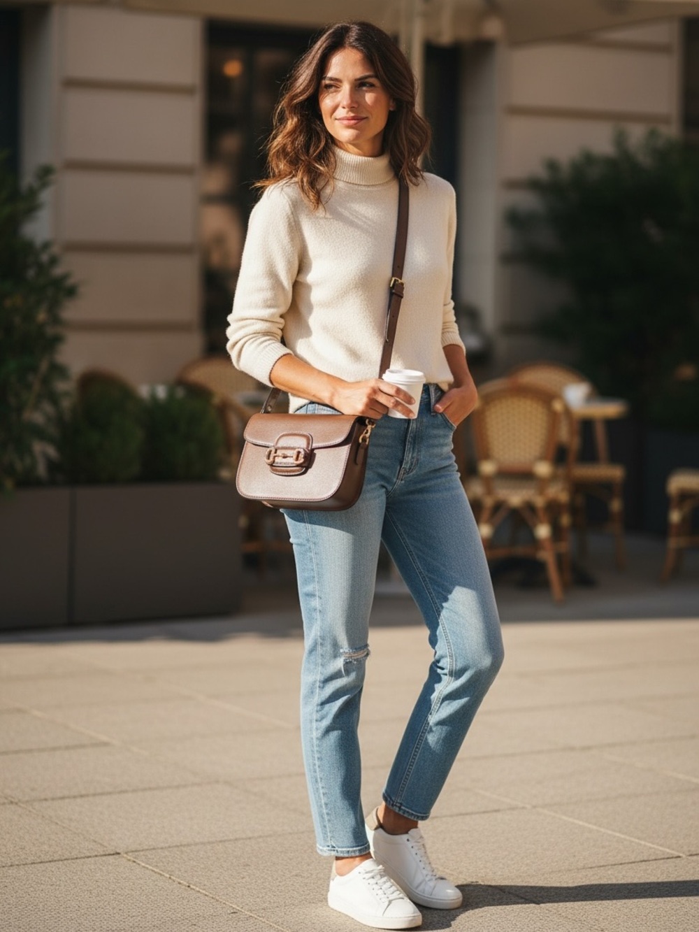 Commense Brown Leather Crossbody Bag with Gold Hardware